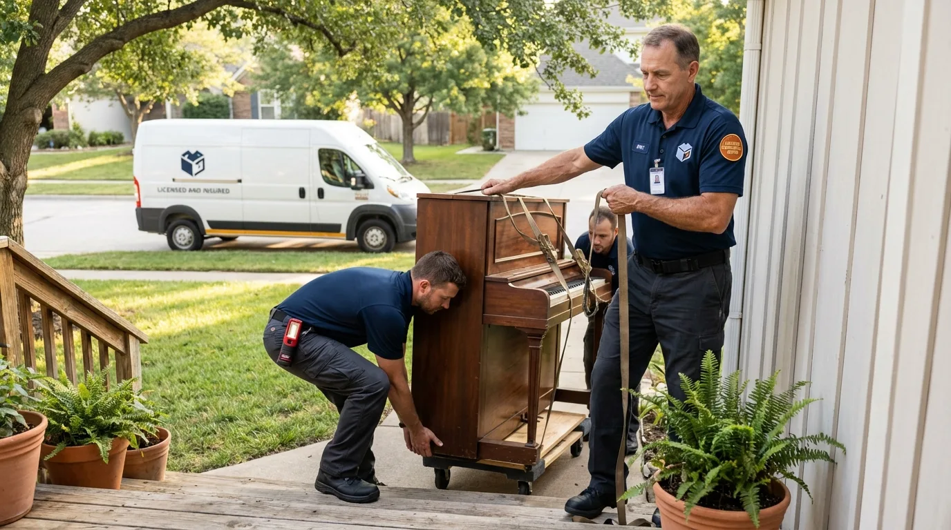 Licensed piano movers securing grand piano in Hubbardston, MA