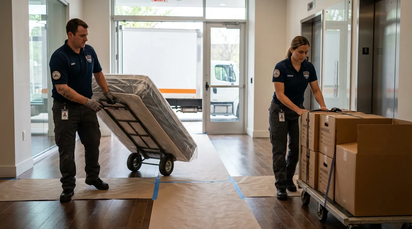 Professional apartment movers loading elevator in Hubbardston, MA