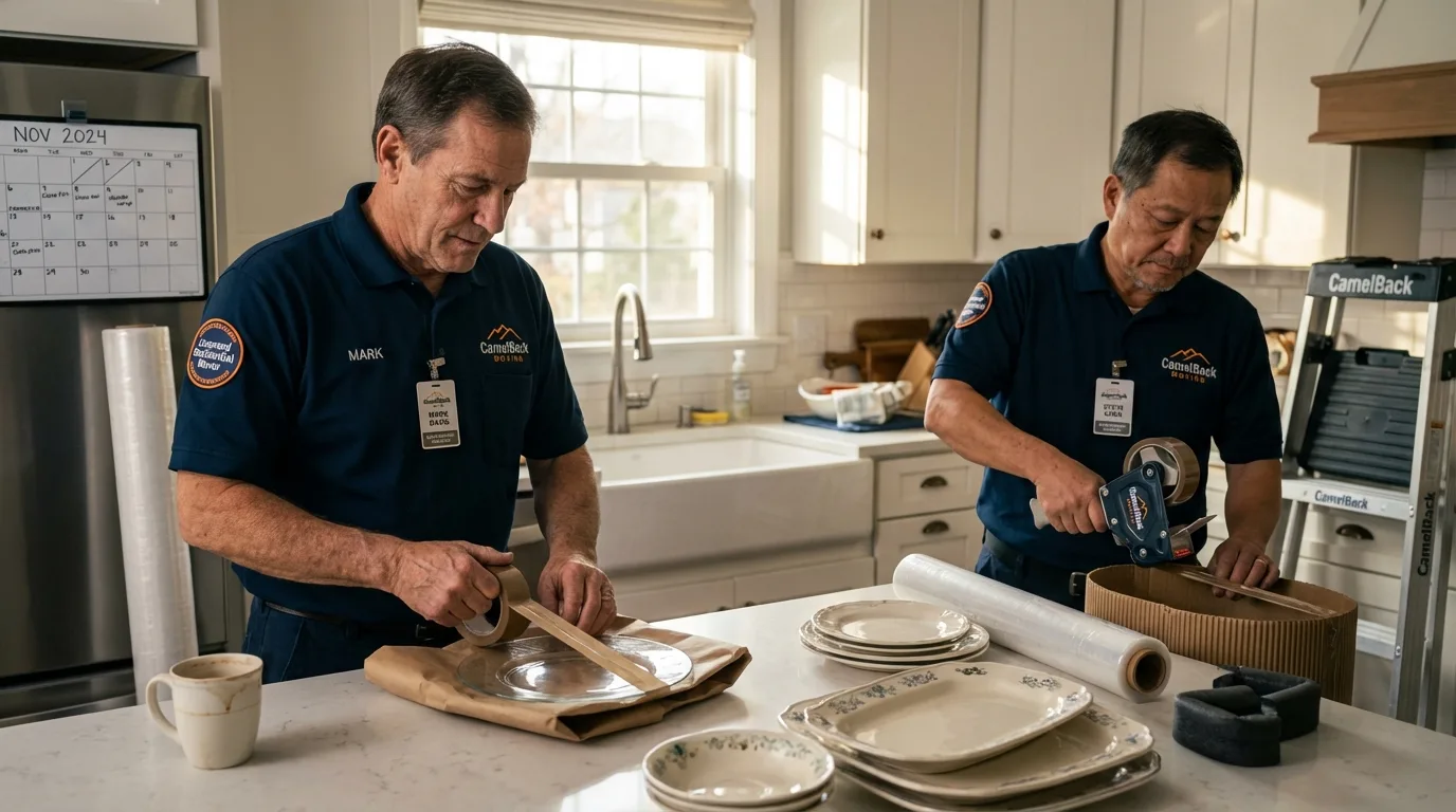 Professional crew packing kitchen dishware in Hubbardston, MA